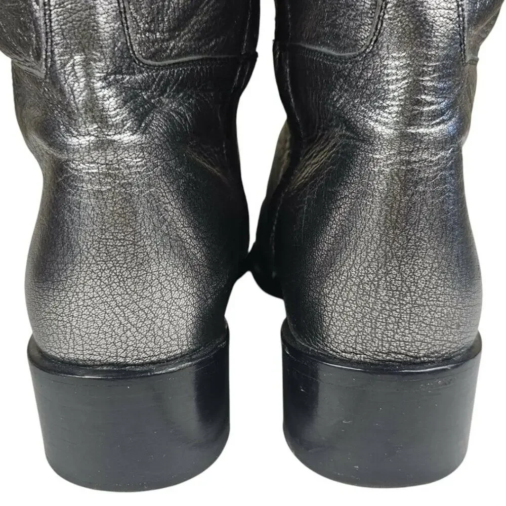 PRADA Pebbled Leather Knee-High Riding Boots Metallic Pewter Size 37.5
